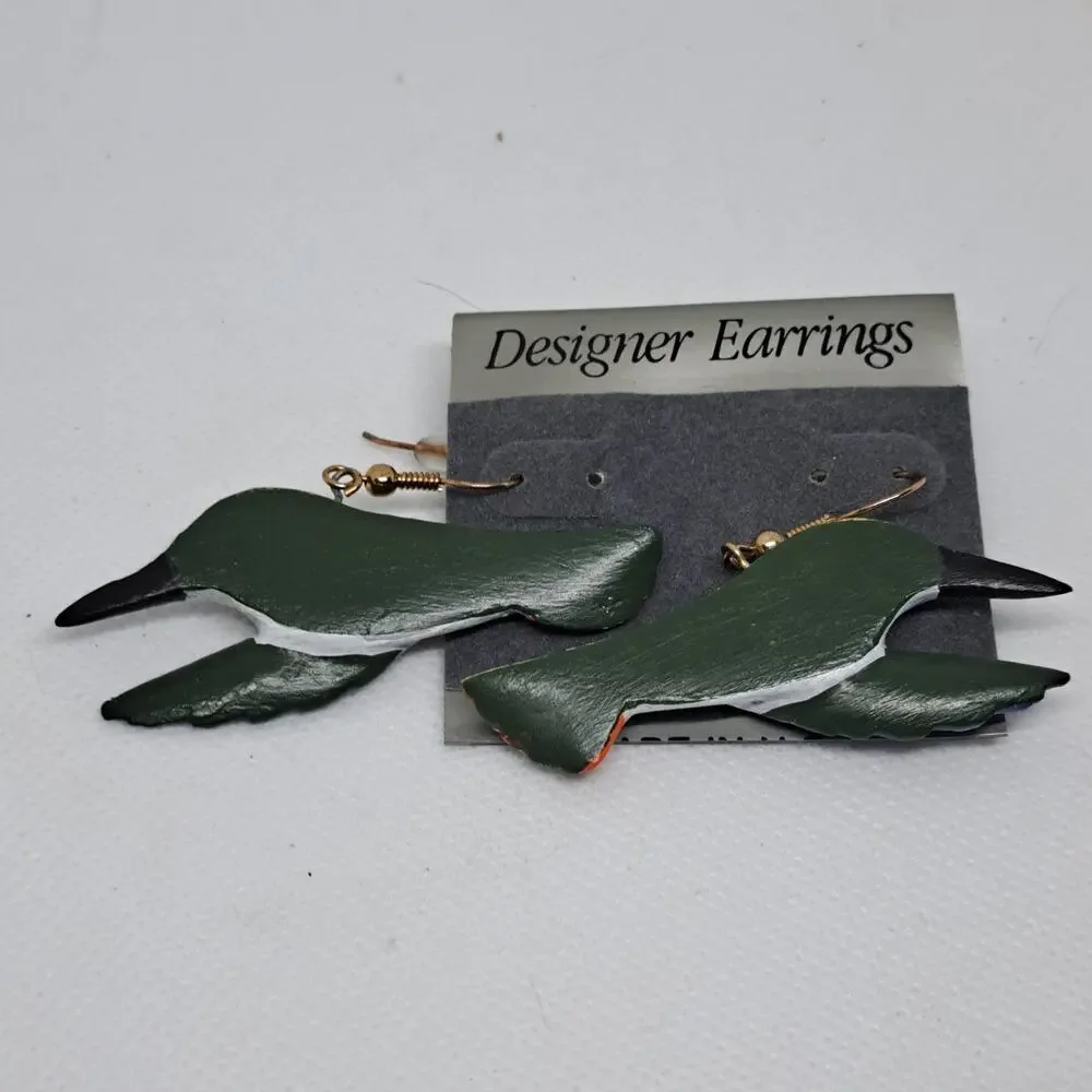 80's Handmade Handpainted Flying Hummingbird Dangle pierced earrings - Picture 6 of 8